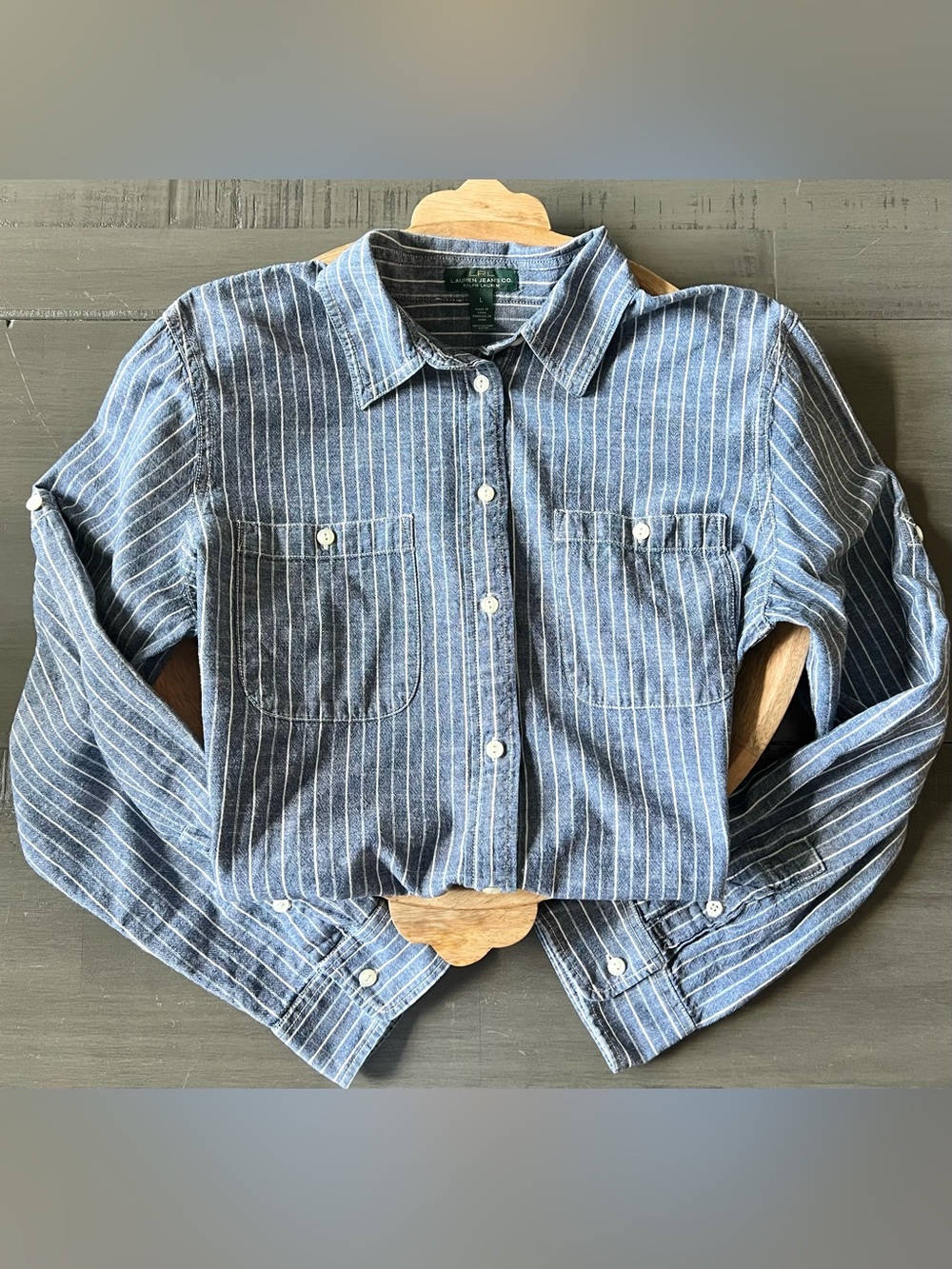 Lauren Ralph Lauren White Stripe Denim Button Down Shirt Coastal Academia W SZ L